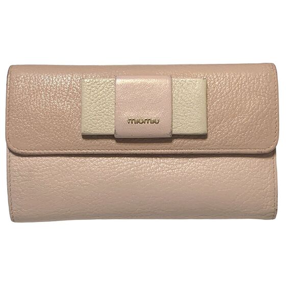 Miu Miu Madras Fiocco Tri-Fold Continental Wallet Purse Orchid Pink Cream Ribbon - Picture 1 of 12